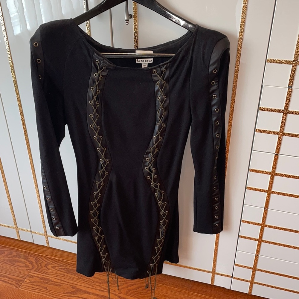 Bebe leather And chain puff sleeve mini dress